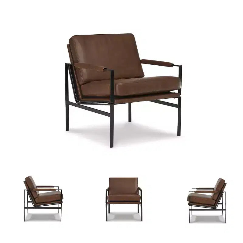 Fauteuil d'appoint Signature Design by Ashley Puckman, cuir véritable marron, cadre en métal bronze, style industriel moderne