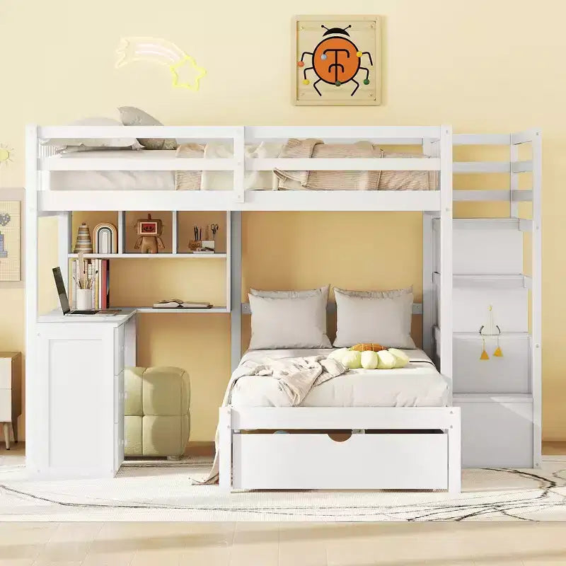 Lit superposé double sur simple avec bureau/armoire et 4 tiroirs - ModernLuxe
