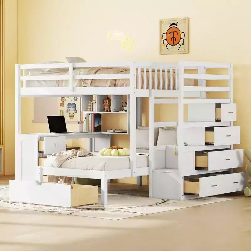 Lit superposé double sur simple avec bureau/armoire et 4 tiroirs - ModernLuxe