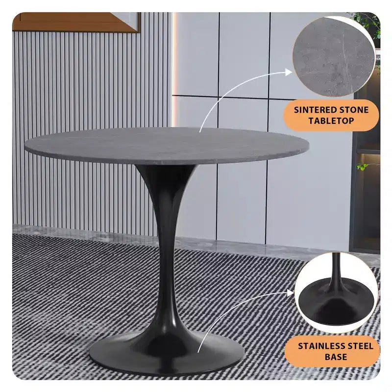 LeisureMod Verve Table à Manger Ronde de 36 po – Dessus en Pierre Frittée avec Base Piédestal Noire Moderne Table d'Appoint pour Salle à Manger et Cuisine Contemporaines