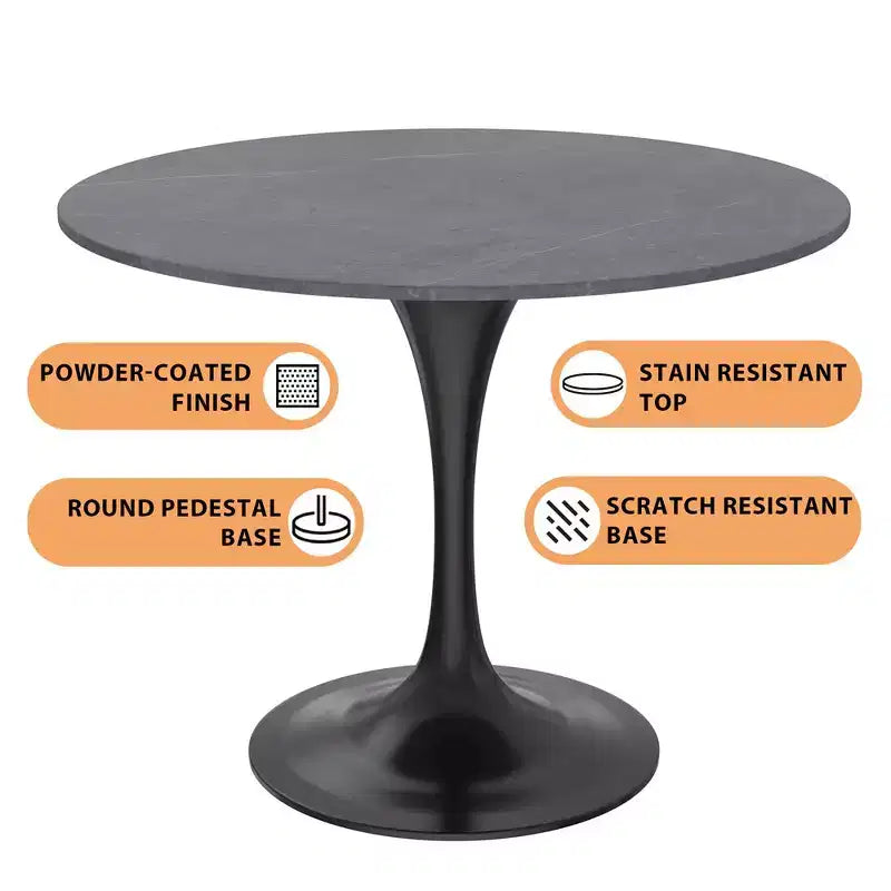 LeisureMod Verve Table à Manger Ronde de 36 po – Dessus en Pierre Frittée avec Base Piédestal Noire Moderne Table d'Appoint pour Salle à Manger et Cuisine Contemporaines