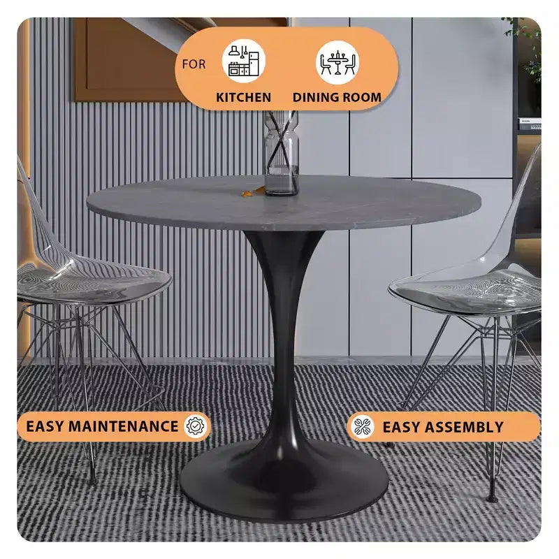 LeisureMod Verve Table à Manger Ronde de 36 po – Dessus en Pierre Frittée avec Base Piédestal Noire Moderne Table d'Appoint pour Salle à Manger et Cuisine Contemporaines
