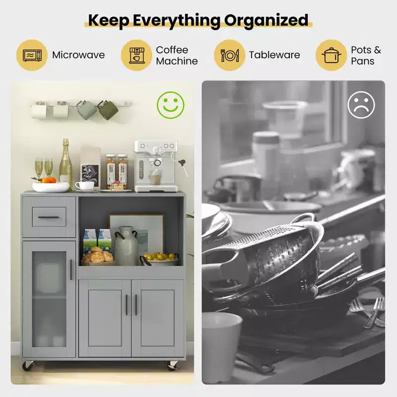 Costway Îlot de Cuisine Roulant avec Roues Chariot de Cuisine avec Tiroir et Armoire à Porte en Verre