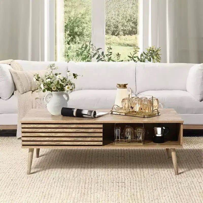 LuxenHome Table Basse Rectangulaire Moderne du Milieu du Siècle avec Rangement et Pieds en Bois Massif Marron