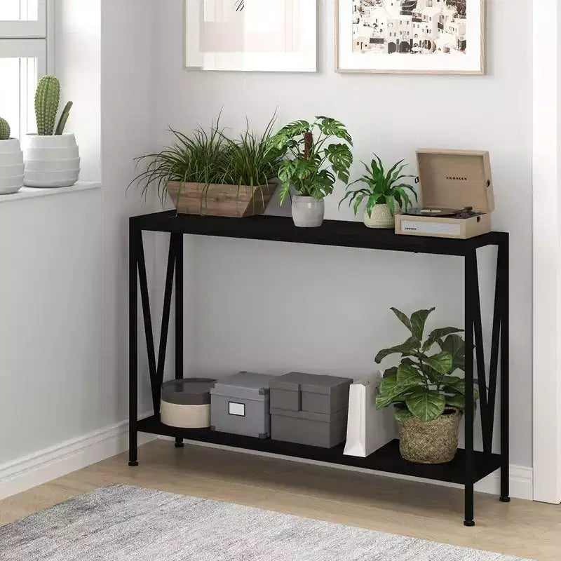 Console, Table d'entrée à 2 niveaux avec rangement, Noir/Marron/Gris