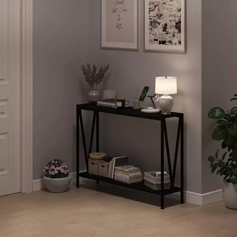 Console, Table d'entrée à 2 niveaux avec rangement, Noir/Marron/Gris