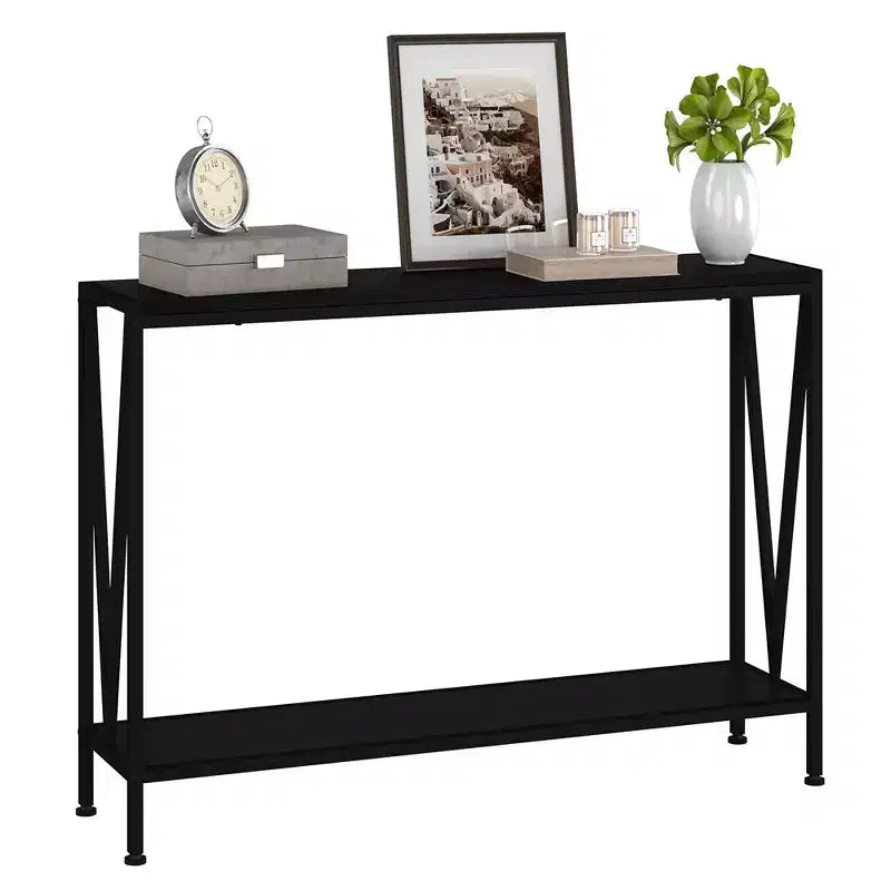 Console, Table d'entrée à 2 niveaux avec rangement, Noir/Marron/Gris