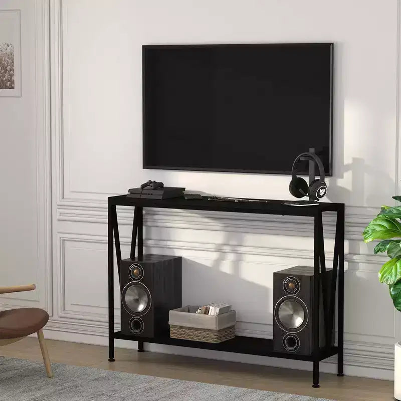 Console, Table d'entrée à 2 niveaux avec rangement, Noir/Marron/Gris