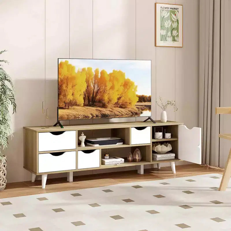 Meuble TV Costway pour téléviseurs jusqu'à 55 pouces avec rangement 4 tiroirs et 2 étagères ouvertes pour chambre à coucher