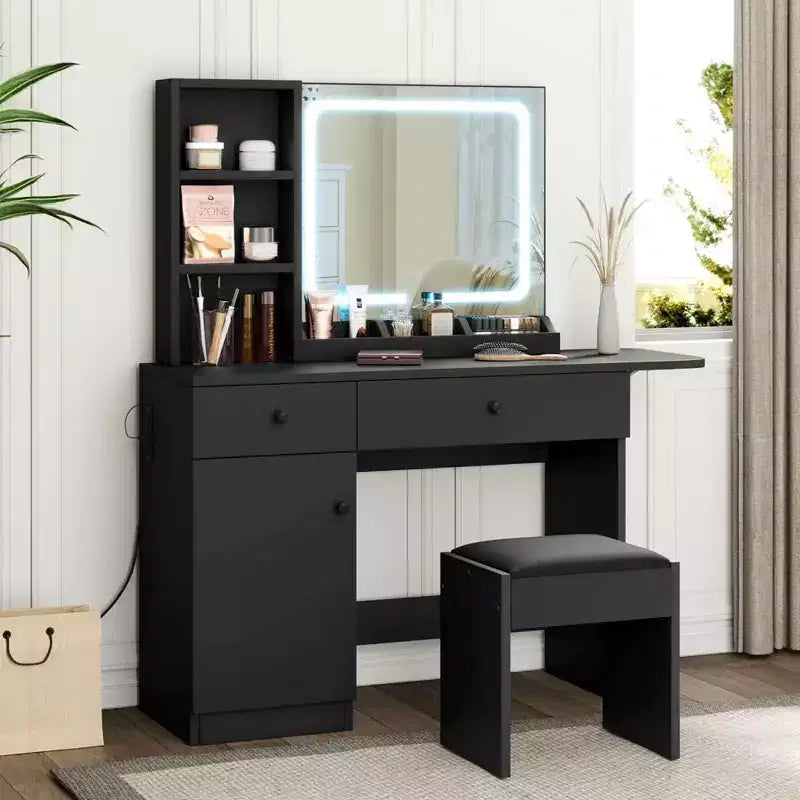 Coiffeuse Whizmax, coiffeuse avec miroir LED réglable, table de maquillage avec tiroirs, armoire, étagère et tabouret