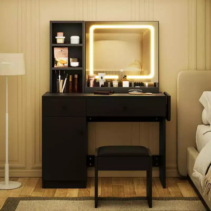 Coiffeuse Whizmax, coiffeuse avec miroir LED réglable, table de maquillage avec tiroirs, armoire, étagère et tabouret