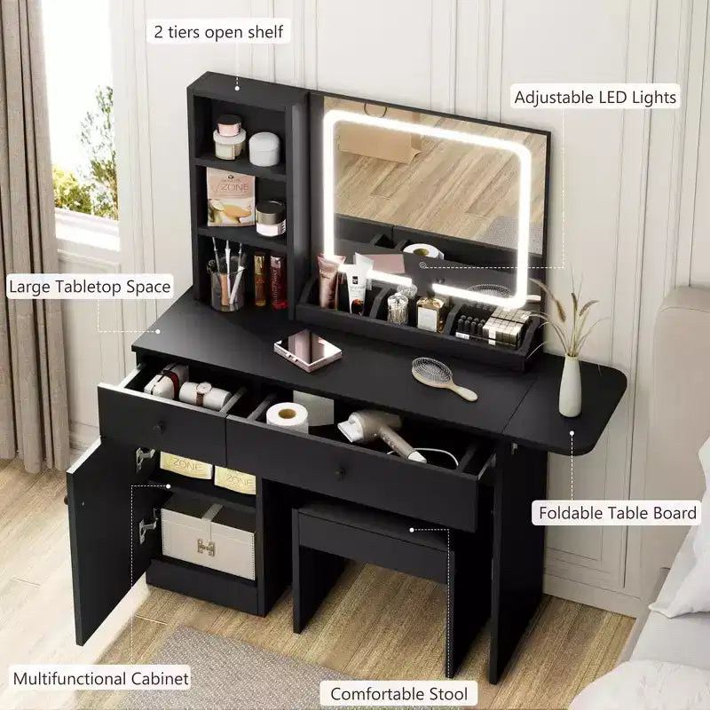 Coiffeuse Whizmax, coiffeuse avec miroir LED réglable, table de maquillage avec tiroirs, armoire, étagère et tabouret