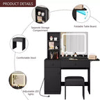 Coiffeuse Whizmax, coiffeuse avec miroir LED réglable, table de maquillage avec tiroirs, armoire, étagère et tabouret