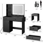 Coiffeuse Whizmax, coiffeuse avec miroir LED réglable, table de maquillage avec tiroirs, armoire, étagère et tabouret