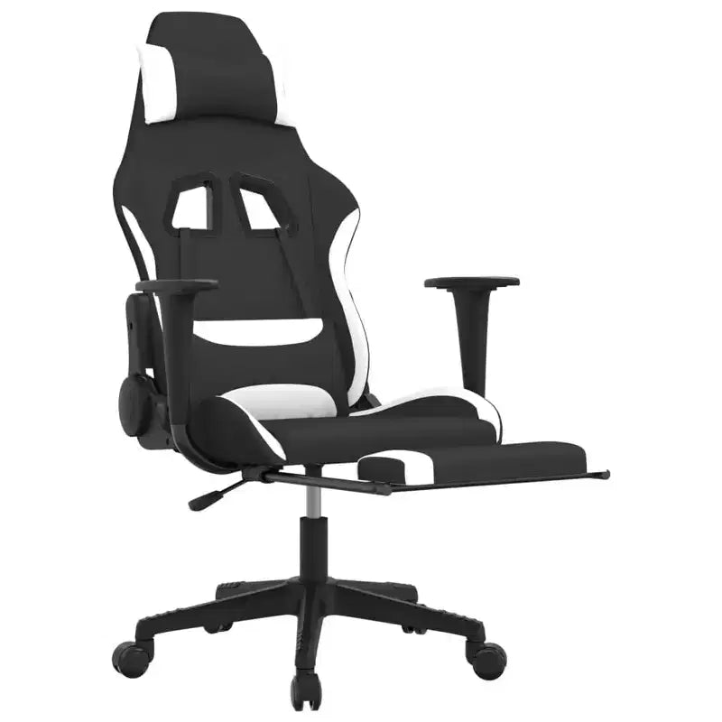 vidaXL Chaise de jeu en tissu avec siège et dossier réglables - Fauteuil de jeu inclinable noir et blanc avec repose-pieds pour un confort de jeu optimal