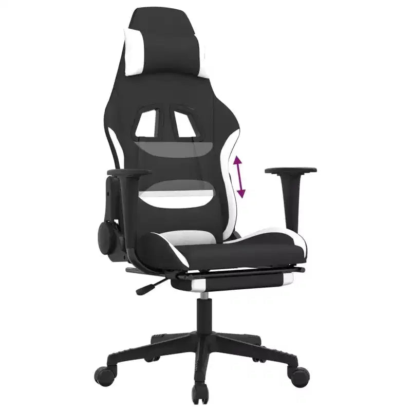 vidaXL Chaise de jeu en tissu avec siège et dossier réglables - Fauteuil de jeu inclinable noir et blanc avec repose-pieds pour un confort de jeu optimal