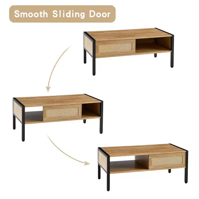 Table basse en rotin avec pieds en bois massif/métal et porte coulissante pour le rangement, table de cocktail table de centre table de canapé - ModernLuxe