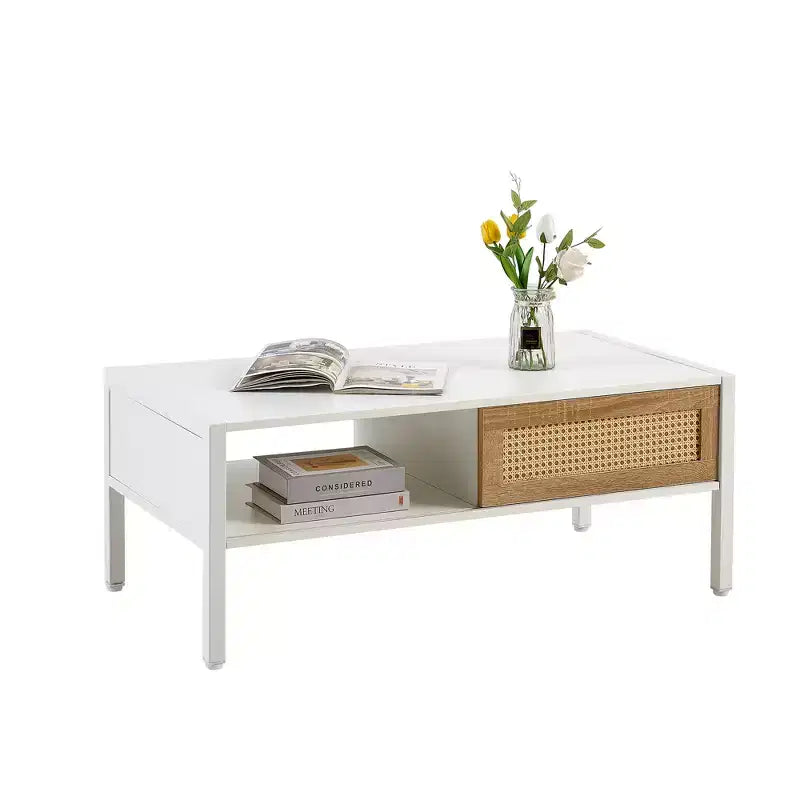 Table basse en rotin avec pieds en bois massif/métal et porte coulissante pour le rangement, table de cocktail table de centre table de canapé - ModernLuxe