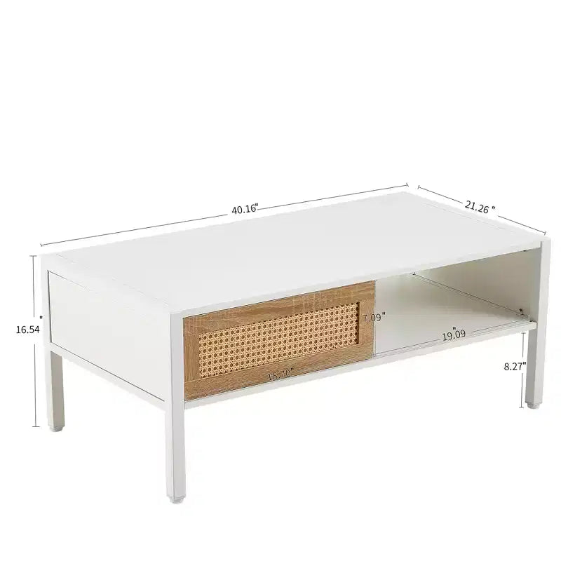 Table basse en rotin avec pieds en bois massif/métal et porte coulissante pour le rangement, table de cocktail table de centre table de canapé - ModernLuxe