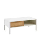 Table basse en rotin avec pieds en bois massif/métal et porte coulissante pour le rangement, table de cocktail table de centre table de canapé - ModernLuxe