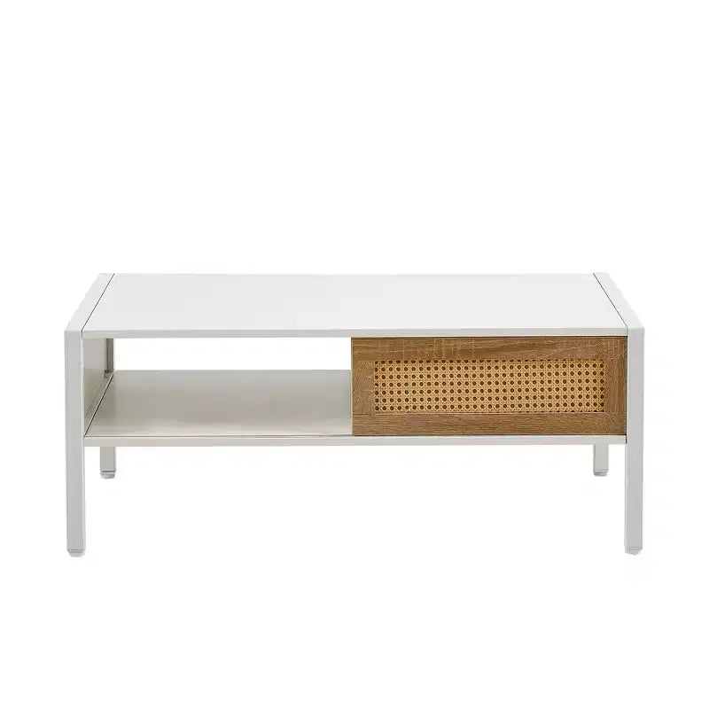 Table basse en rotin avec pieds en bois massif/métal et porte coulissante pour le rangement, table de cocktail table de centre table de canapé - ModernLuxe