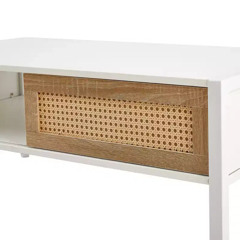 Table basse en rotin avec pieds en bois massif/métal et porte coulissante pour le rangement, table de cocktail table de centre table de canapé - ModernLuxe
