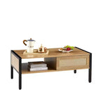 Table basse en rotin avec pieds en bois massif/métal et porte coulissante pour le rangement, table de cocktail table de centre table de canapé - ModernLuxe