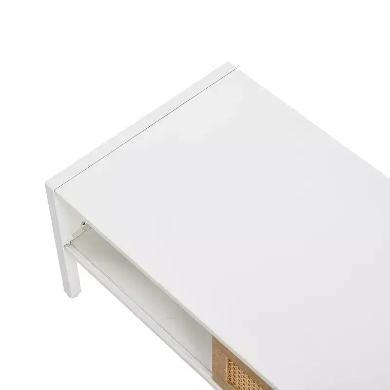 Table basse en rotin avec pieds en bois massif/métal et porte coulissante pour le rangement, table de cocktail table de centre table de canapé - ModernLuxe
