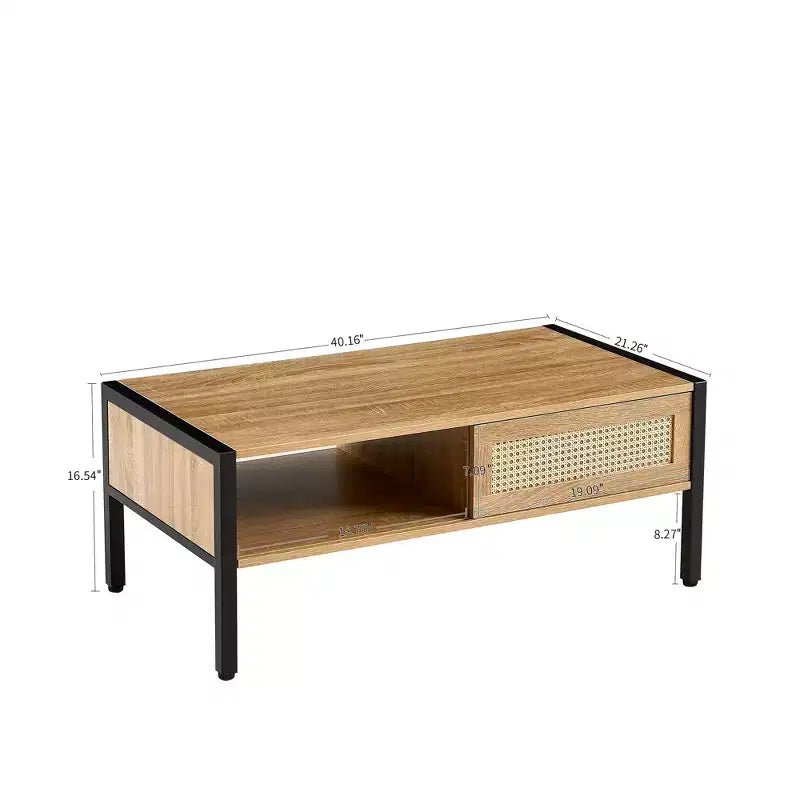 Table basse en rotin avec pieds en bois massif/métal et porte coulissante pour le rangement, table de cocktail table de centre table de canapé - ModernLuxe
