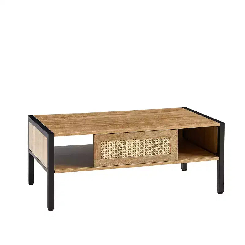 Table basse en rotin avec pieds en bois massif/métal et porte coulissante pour le rangement, table de cocktail table de centre table de canapé - ModernLuxe