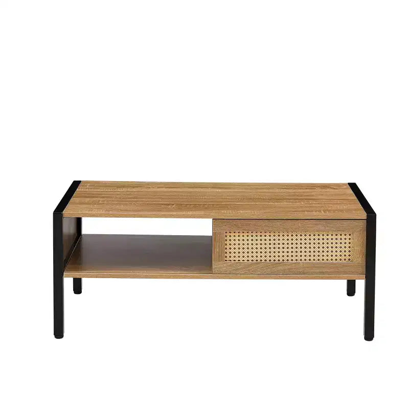 Table basse en rotin avec pieds en bois massif/métal et porte coulissante pour le rangement, table de cocktail table de centre table de canapé - ModernLuxe