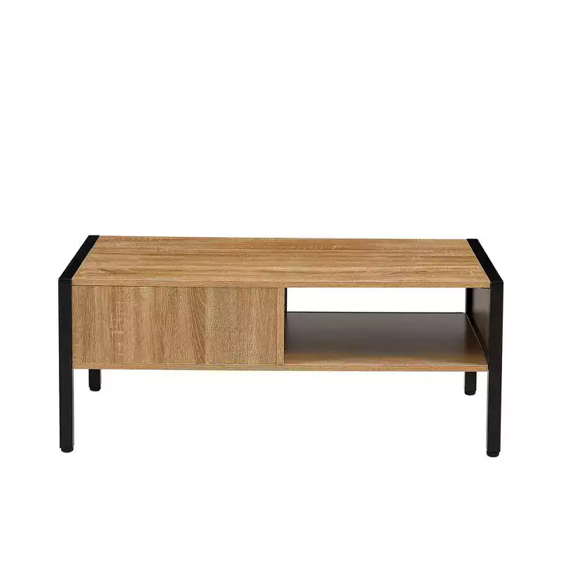 Table basse en rotin avec pieds en bois massif/métal et porte coulissante pour le rangement, table de cocktail table de centre table de canapé - ModernLuxe