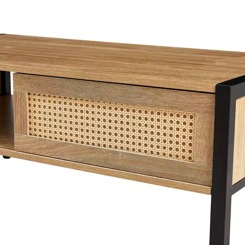 Table basse en rotin avec pieds en bois massif/métal et porte coulissante pour le rangement, table de cocktail table de centre table de canapé - ModernLuxe