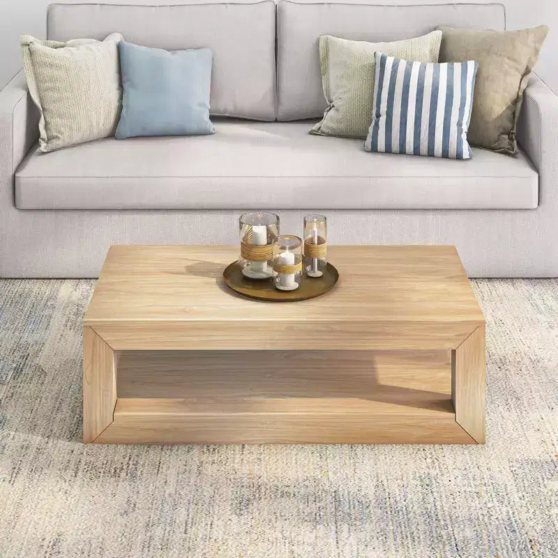 Table basse rectangulaire moderne Plank+Beam 48 avec étagère, table en bois massif avec rangement