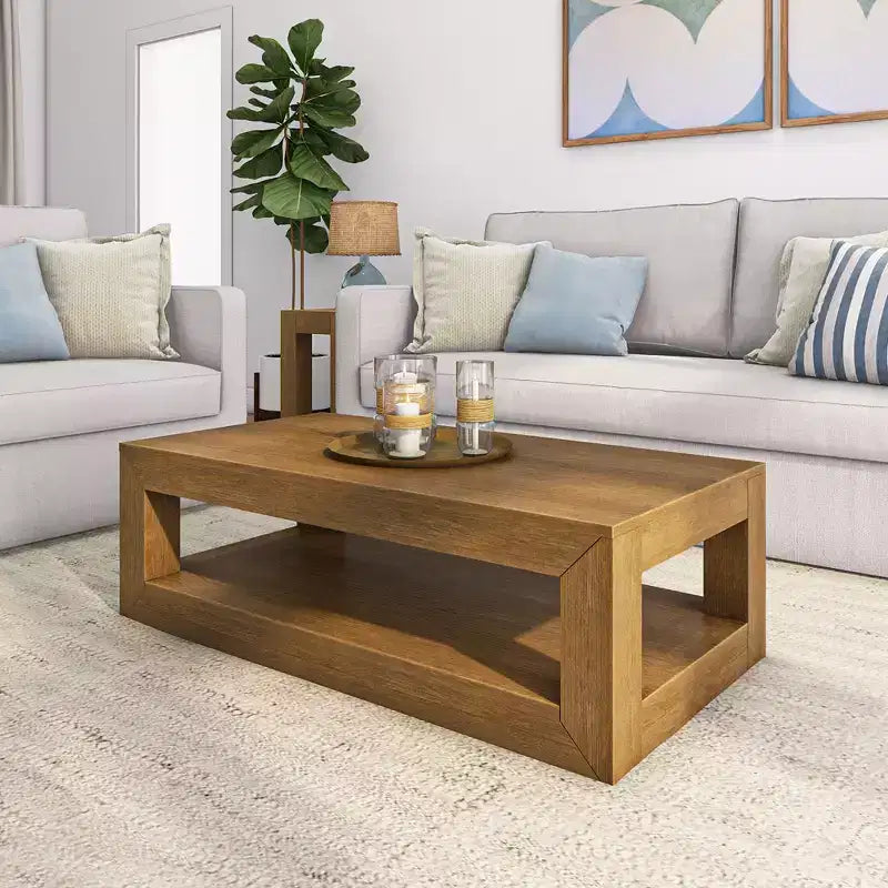 Table basse rectangulaire moderne Plank+Beam 48 avec étagère, table en bois massif avec rangement