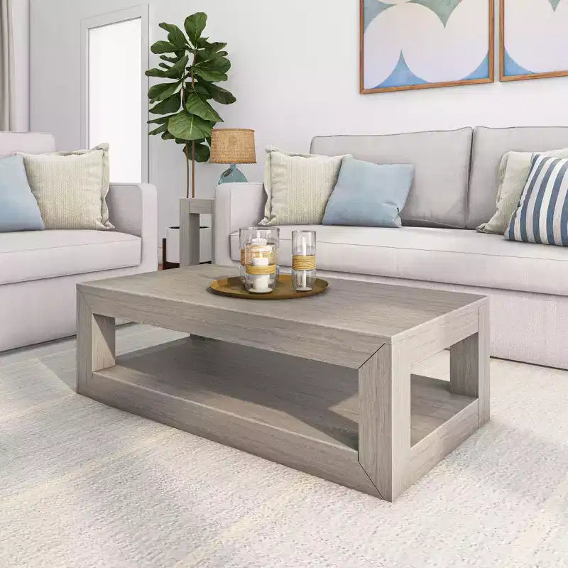 Table basse rectangulaire moderne Plank+Beam 48 avec étagère, table en bois massif avec rangement