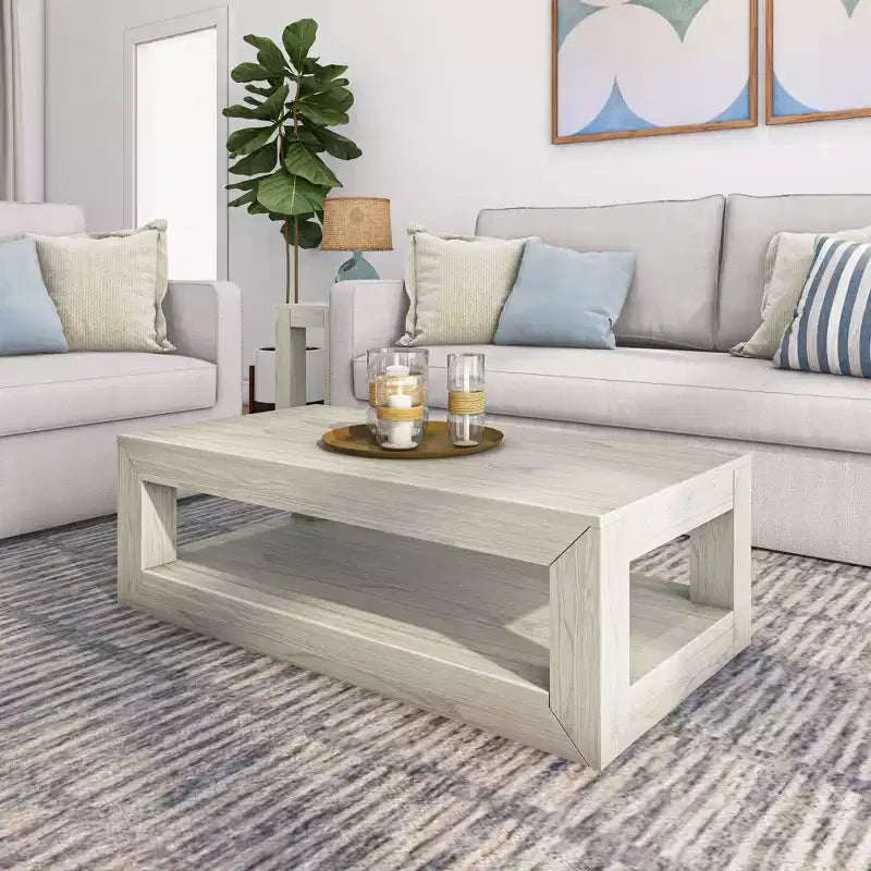 Table basse rectangulaire moderne Plank+Beam 48 avec étagère, table en bois massif avec rangement