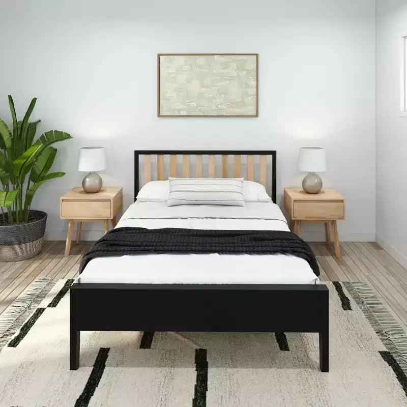 Cadre de lit double scandinave Plank+Beam avec tête de lit, plateforme de lit en bois massif pour adultes