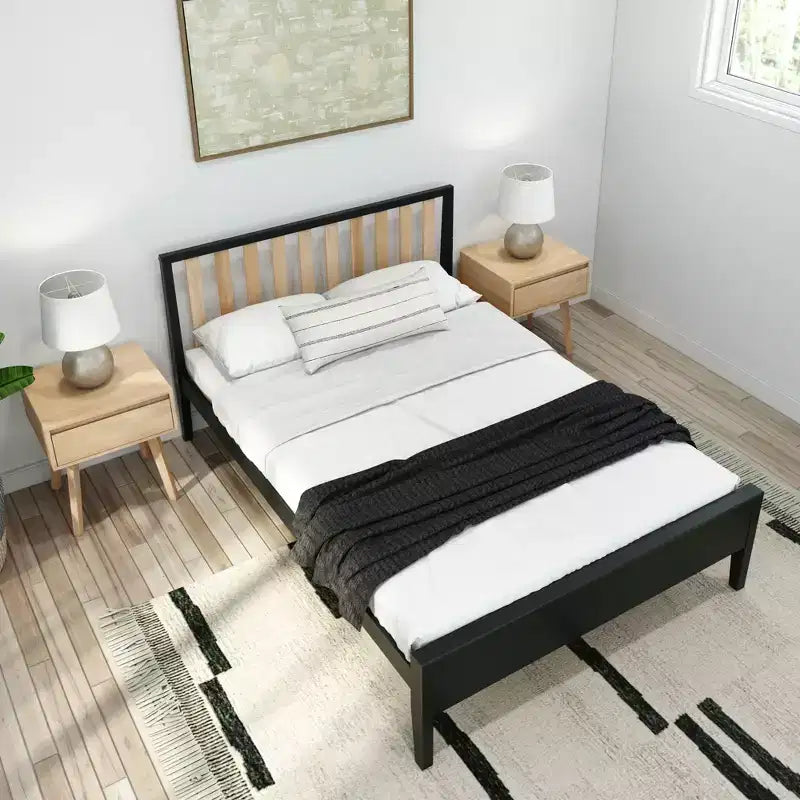 Cadre de lit double scandinave Plank+Beam avec tête de lit, plateforme de lit en bois massif pour adultes