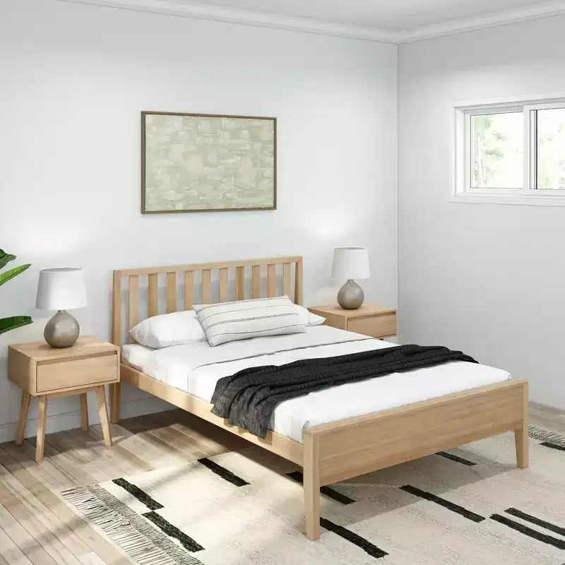 Cadre de lit double scandinave Plank+Beam avec tête de lit, plateforme de lit en bois massif pour adultes