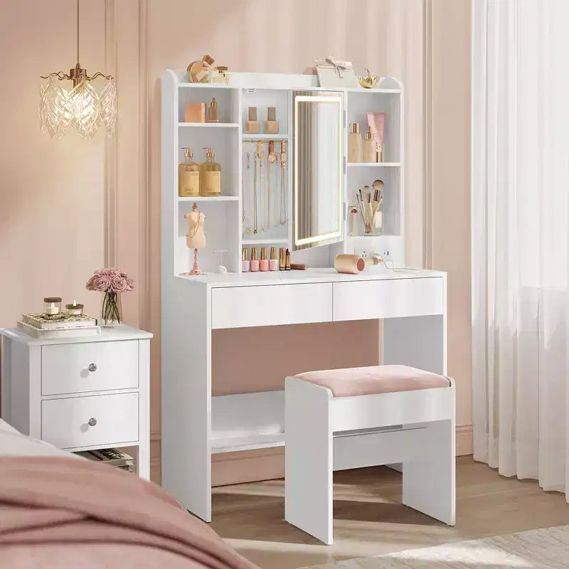 VASAGLE Coiffeuse avec Miroir et Lumières, Tabouret Rembourré, 6 Compartiments, 2 Tiroirs