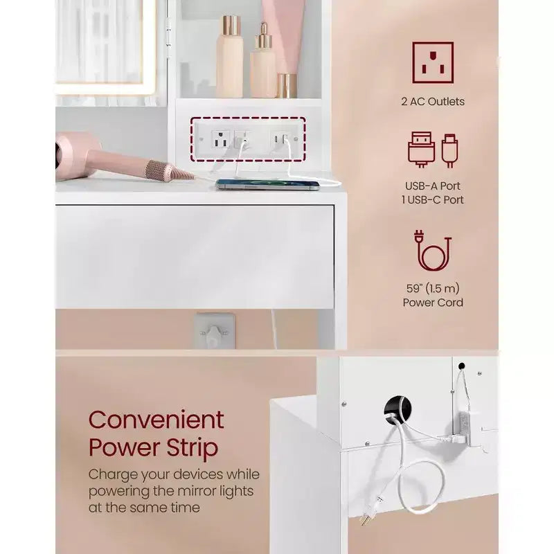 VASAGLE Coiffeuse avec Miroir et Lumières, Tabouret Rembourré, 6 Compartiments, 2 Tiroirs
