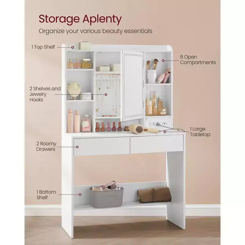 VASAGLE Coiffeuse avec Miroir et Lumières, Tabouret Rembourré, 6 Compartiments, 2 Tiroirs