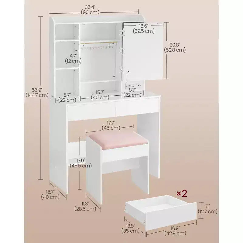 VASAGLE Coiffeuse avec Miroir et Lumières, Tabouret Rembourré, 6 Compartiments, 2 Tiroirs