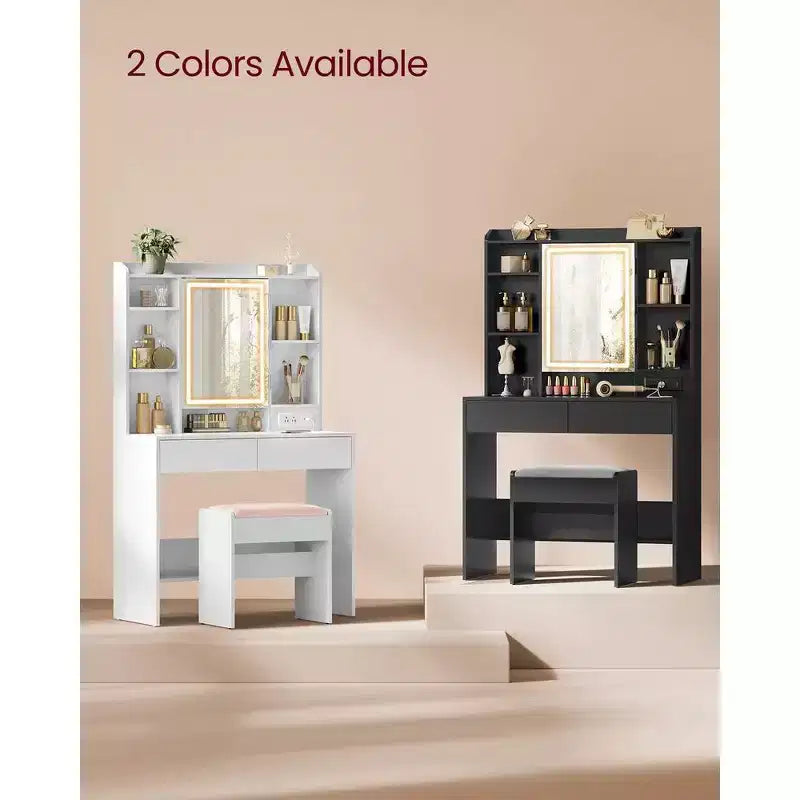 VASAGLE Coiffeuse avec Miroir et Lumières, Tabouret Rembourré, 6 Compartiments, 2 Tiroirs