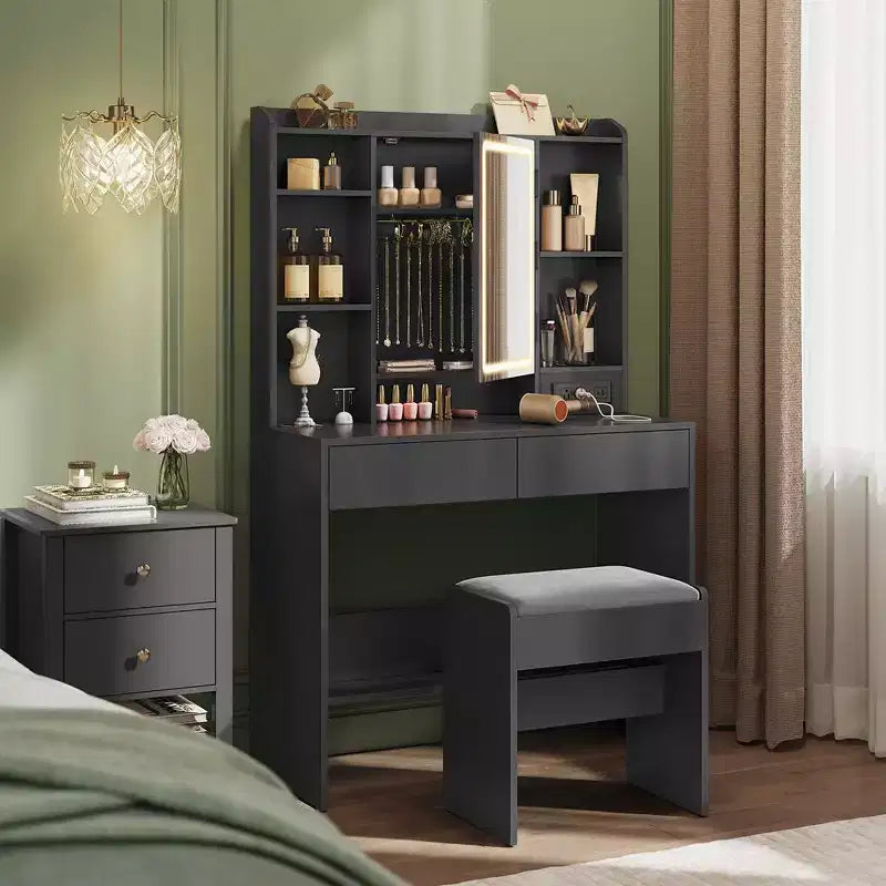 VASAGLE Coiffeuse avec Miroir et Lumières, Tabouret Rembourré, 6 Compartiments, 2 Tiroirs
