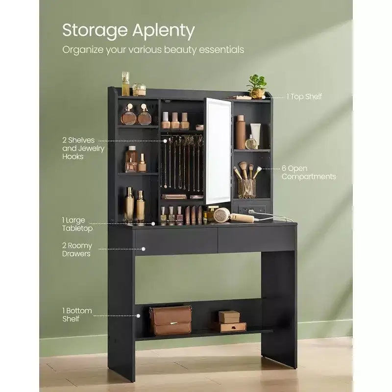 VASAGLE Coiffeuse avec Miroir et Lumières, Tabouret Rembourré, 6 Compartiments, 2 Tiroirs