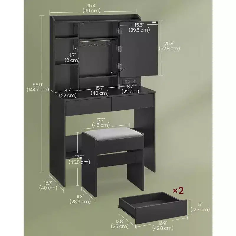 VASAGLE Coiffeuse avec Miroir et Lumières, Tabouret Rembourré, 6 Compartiments, 2 Tiroirs
