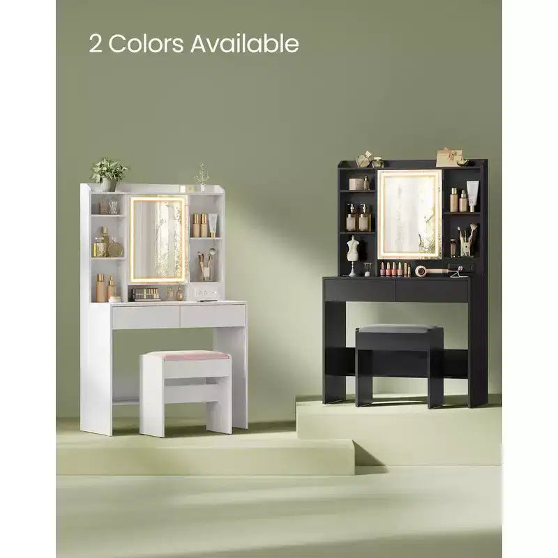 VASAGLE Coiffeuse avec Miroir et Lumières, Tabouret Rembourré, 6 Compartiments, 2 Tiroirs