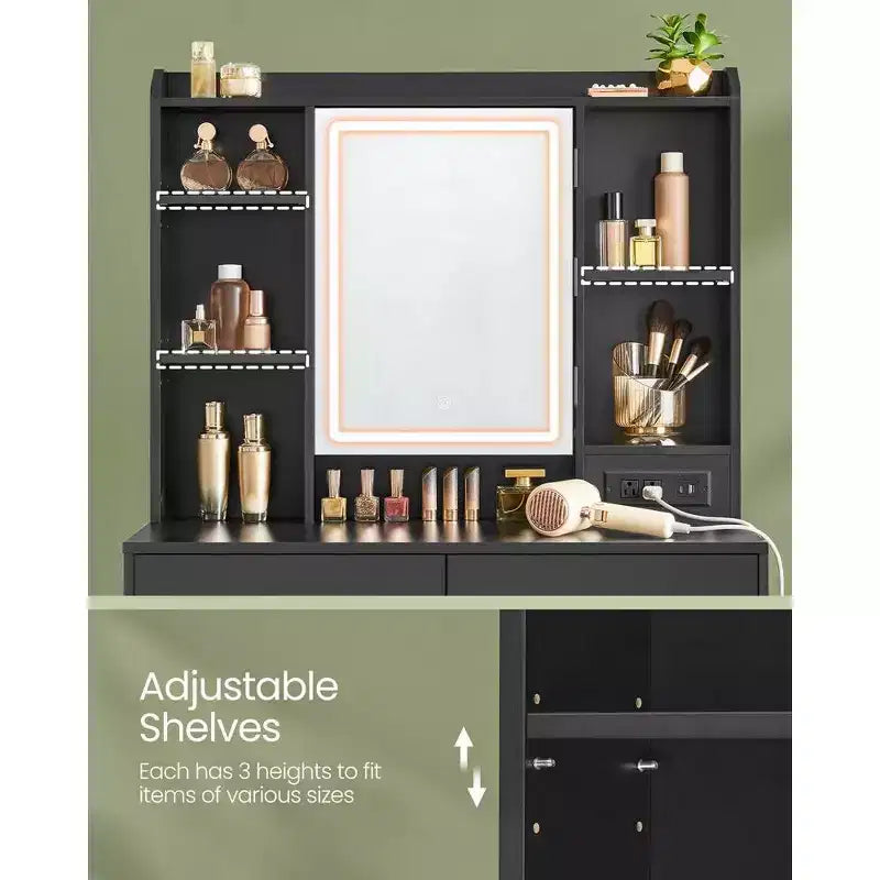 VASAGLE Coiffeuse avec Miroir et Lumières, Tabouret Rembourré, 6 Compartiments, 2 Tiroirs